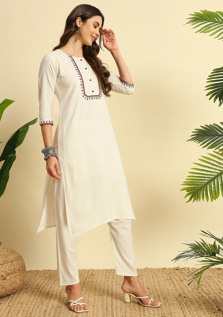 Cream Embroidery Cotton Kurta Set - Indya