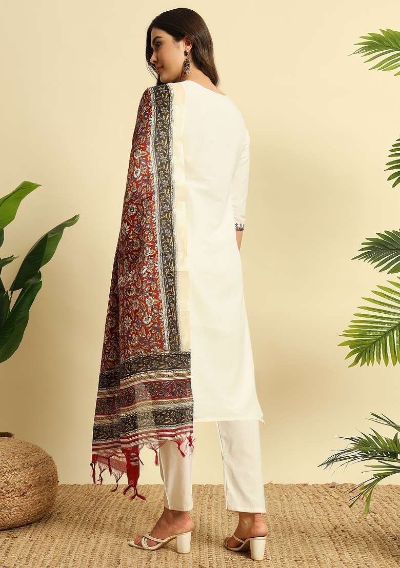 Cream Embroidery Cotton Kurta Set - Indya