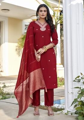Maroon Embroidery Cotton Kurta Set