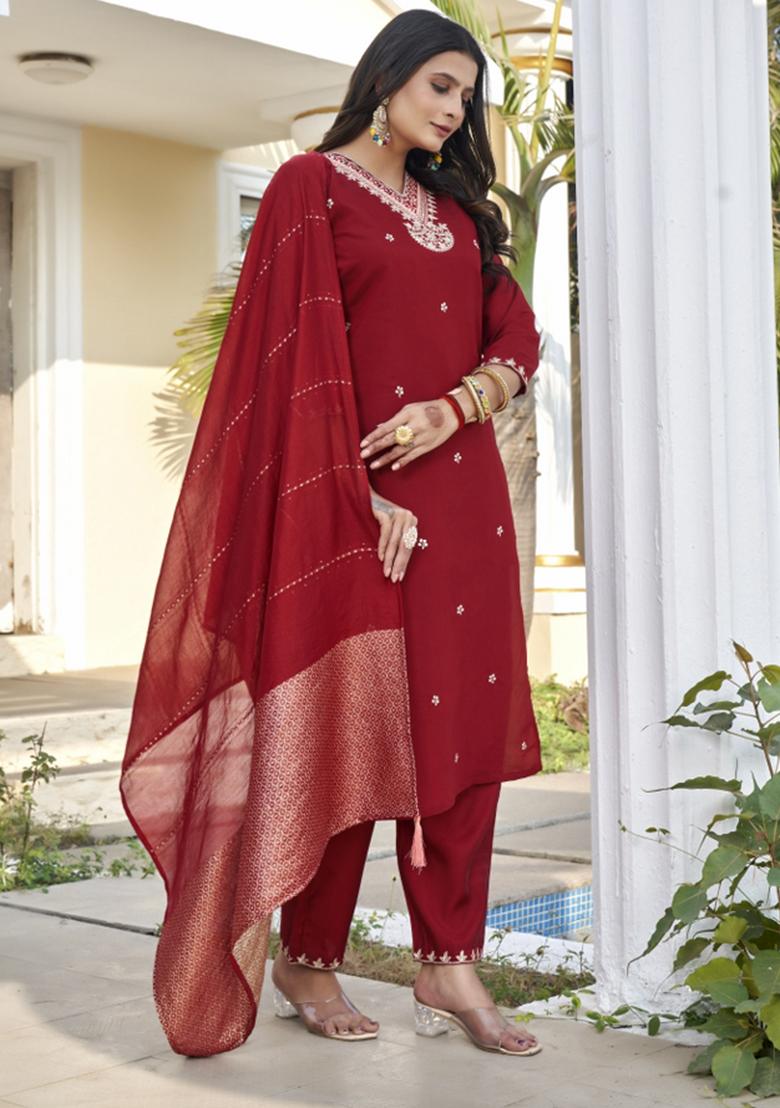 Maroon Embroidery Cotton Kurta Set - Indya