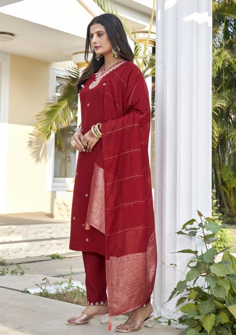 Maroon Embroidery Cotton Kurta Set - Indya