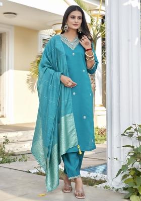 Aqua Embroidery Cotton Kurta Set