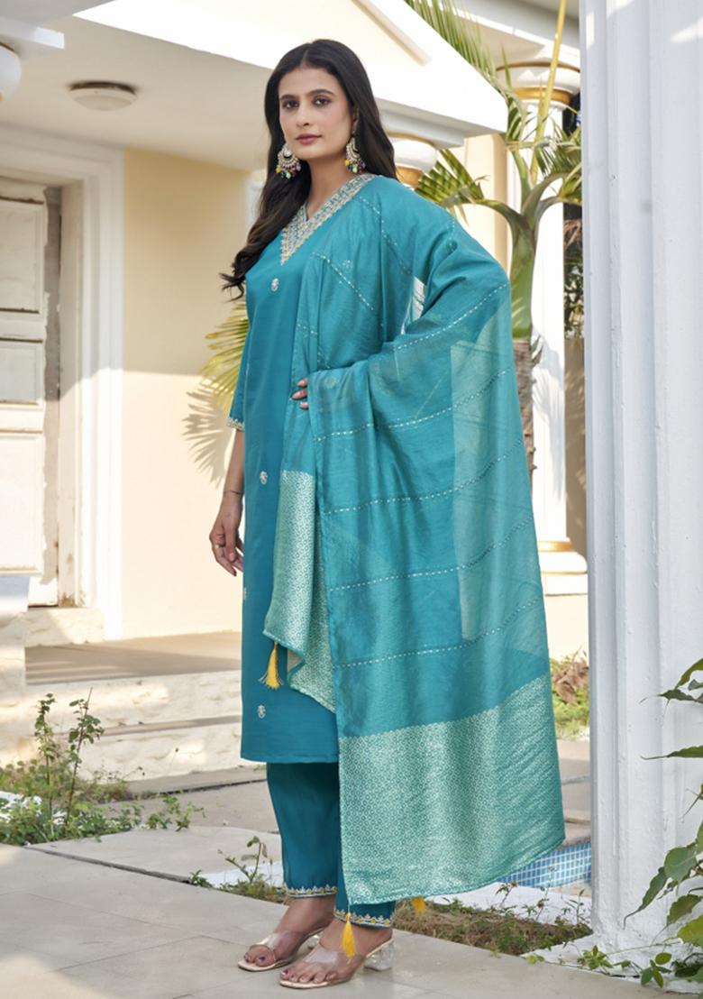 Aqua Embroidery Cotton Kurta Set - Indya