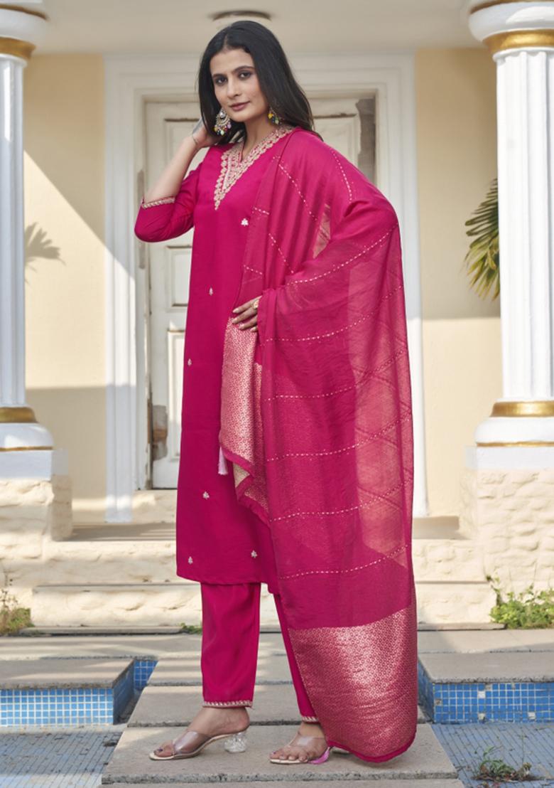 Pink Embroidery Cotton Kurta Set - Indya