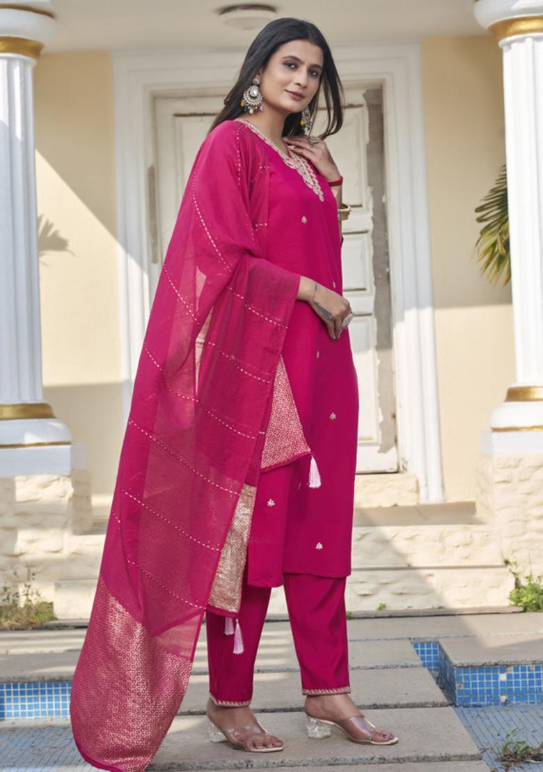 Pink Embroidery Cotton Kurta Set - Indya