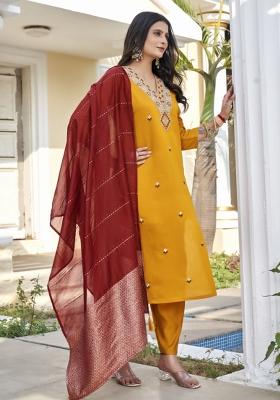 Yellow Embroidery Cotton Kurta Set