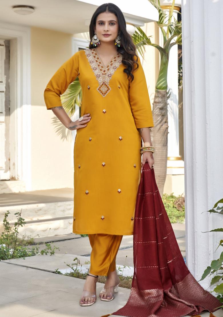Yellow Embroidery Cotton Kurta Set - Indya