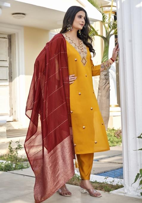 Yellow Embroidery Cotton Kurta Set