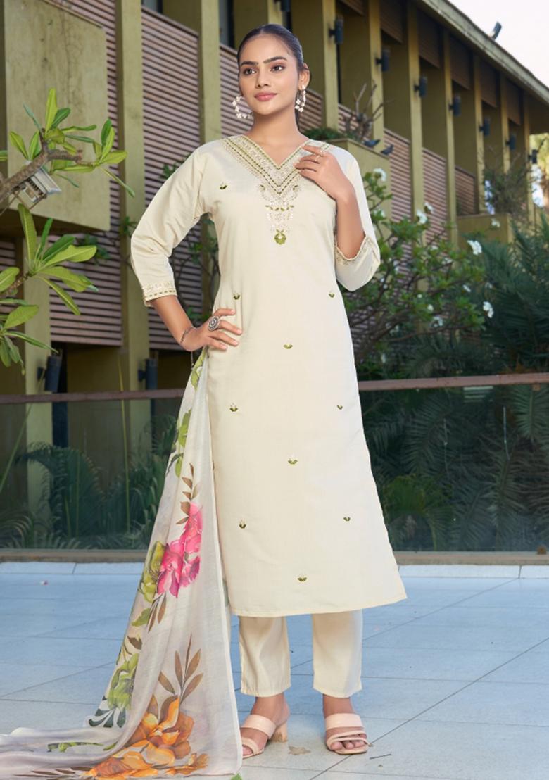 Cream Embroidery Cotton Kurta Set - Indya