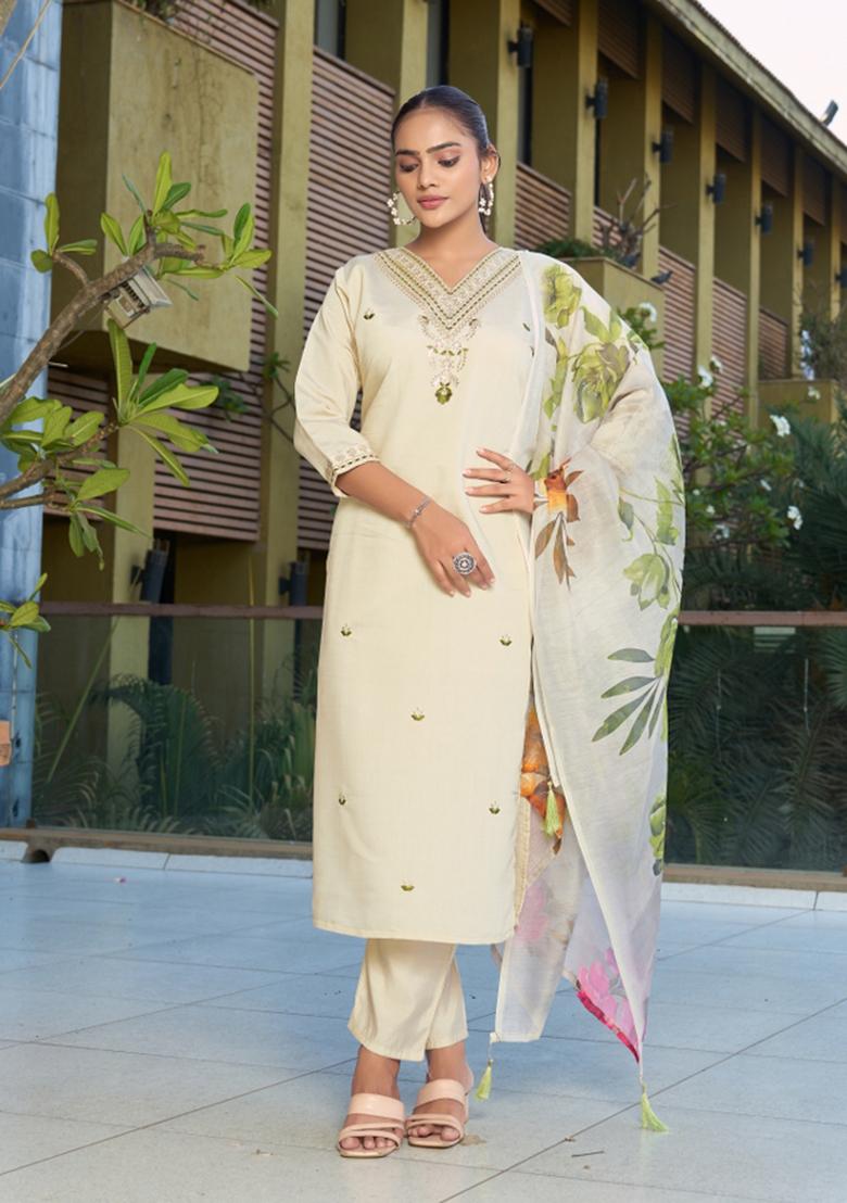 Cream Embroidery Cotton Kurta Set - Indya