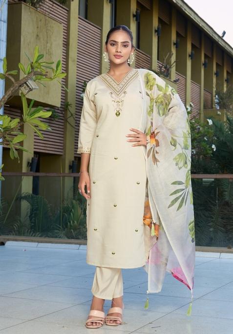 Cream Embroidery Cotton Kurta Set