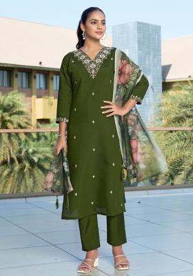 Green Embroidery Cotton Kurta Set