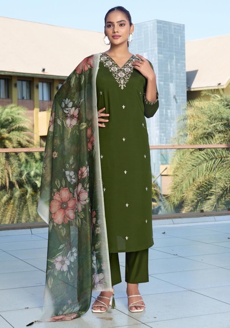 Green Embroidery Cotton Kurta Set - Indya