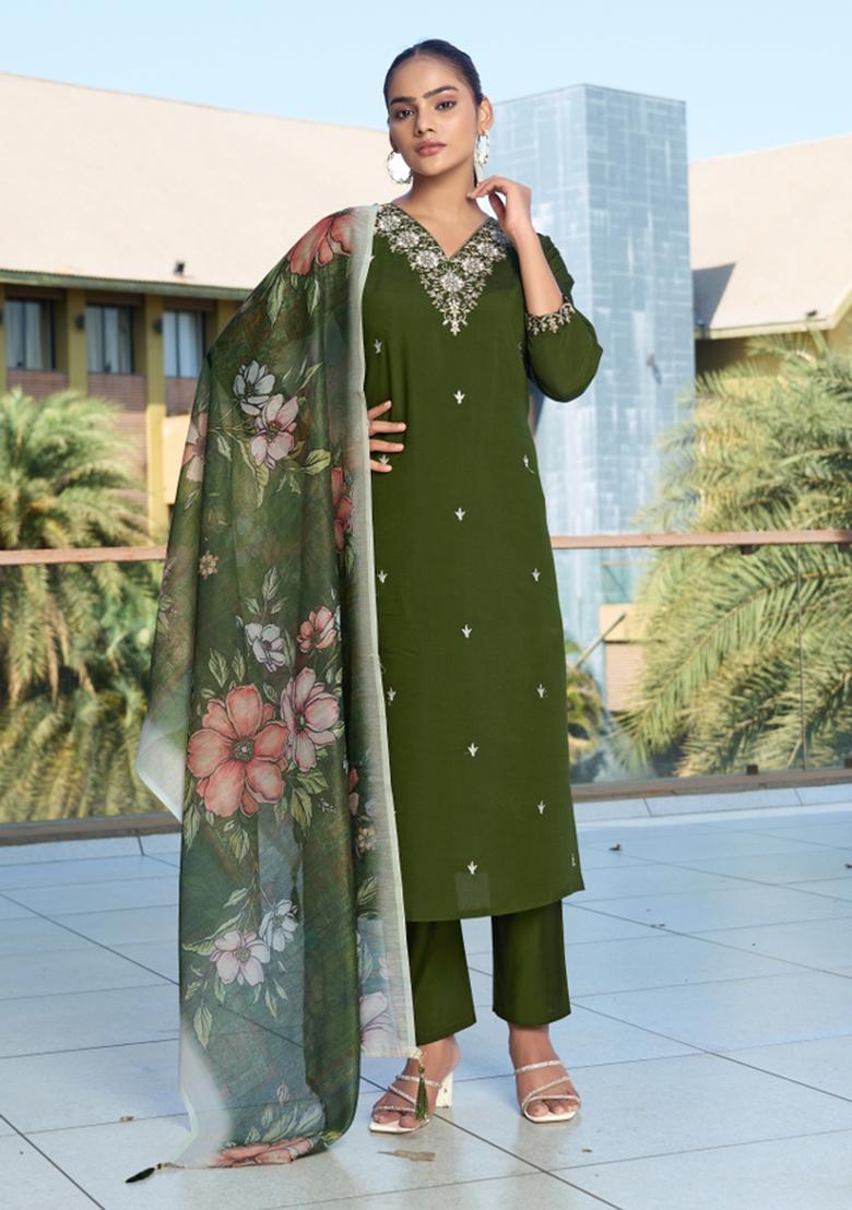 Green Embroidery Cotton Kurta Set - Indya