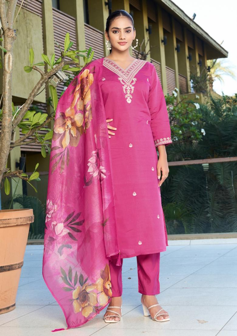 Pink Embroidery Cotton Kurta Set - Indya