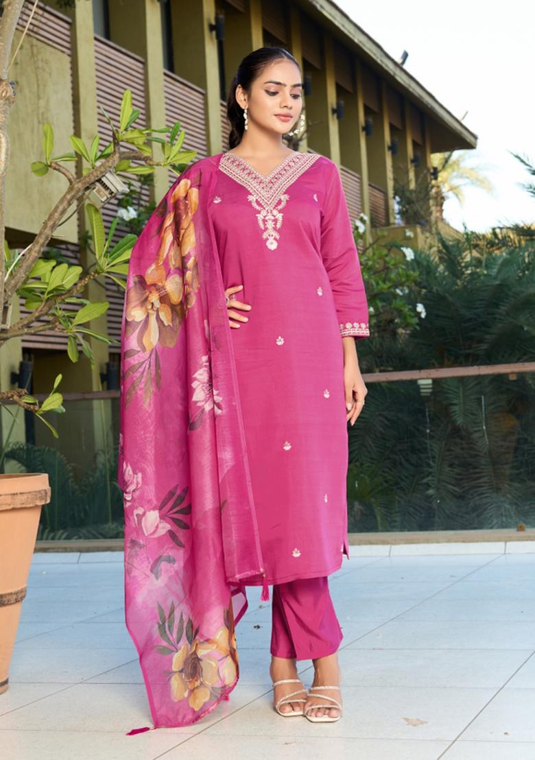 Pink Embroidery Cotton Kurta Set - Indya