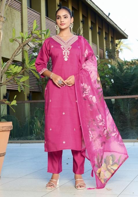 Pink Embroidery Cotton Kurta Set