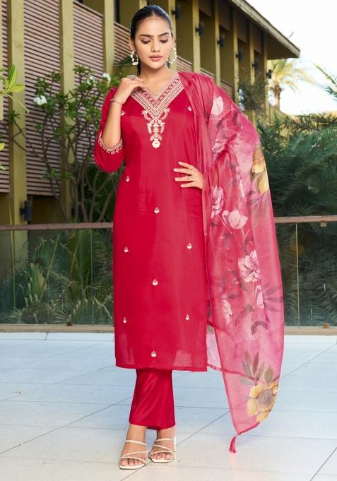 Red Embroidery Cotton Kurta Set