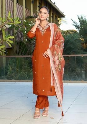 Rust Embroidery Cotton Kurta Set