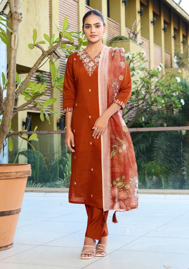 Rust Embroidery Cotton Kurta Set - Indya