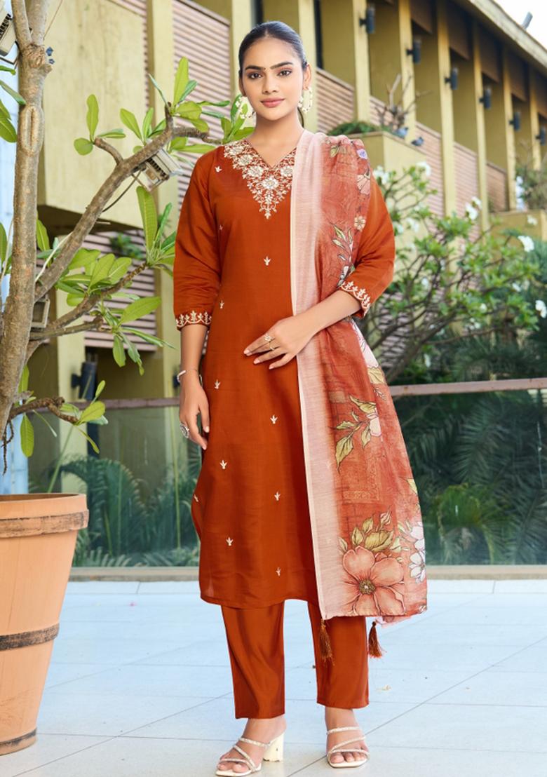 Rust Embroidery Cotton Kurta Set - Indya