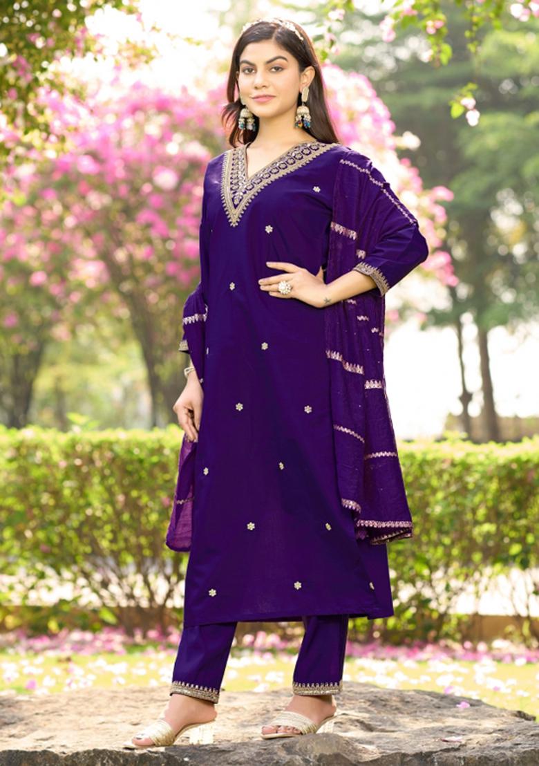 Violet Embroidery Cotton Kurta Set - Indya