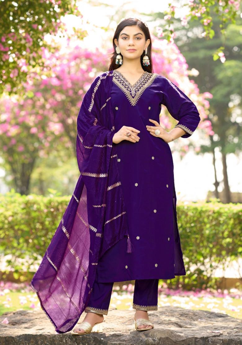Violet Embroidery Cotton Kurta Set - Indya