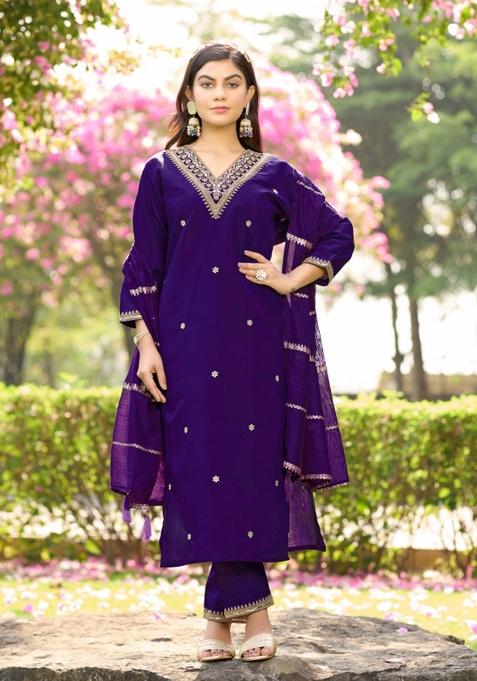 Violet Embroidery Cotton Kurta Set
