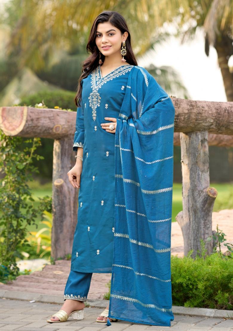 Blue Embroidery Cotton Kurta Set - Indya