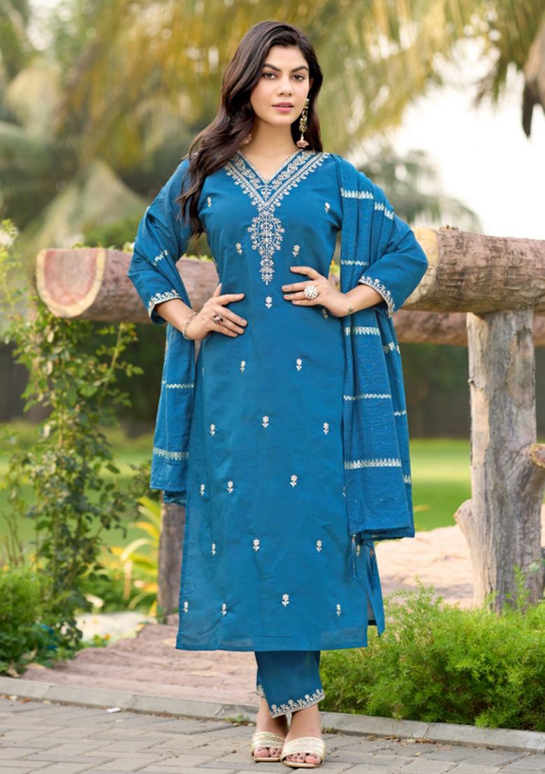 Blue Embroidery Cotton Kurta Set - Indya
