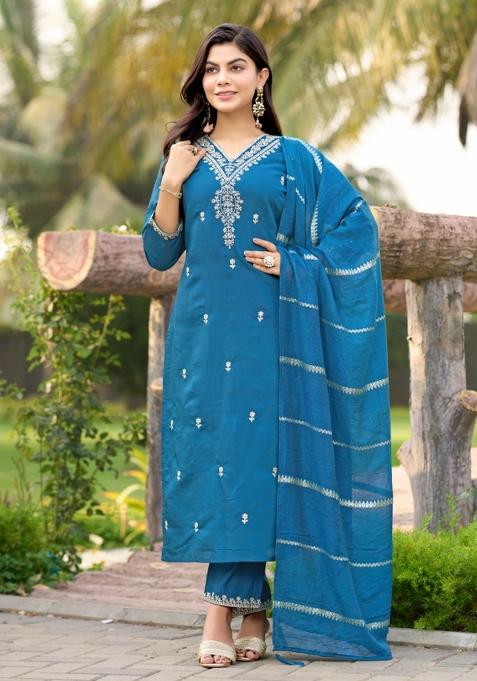 Blue Embroidery Cotton Kurta Set