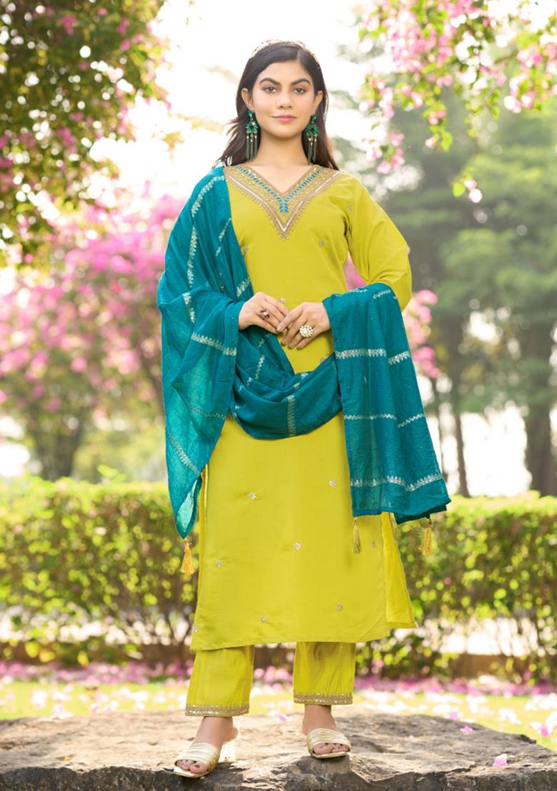 Green Embroidery Cotton Kurta Set - Indya