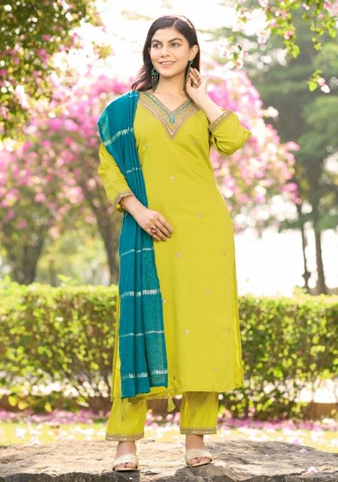 Green Embroidery Cotton Kurta Set
