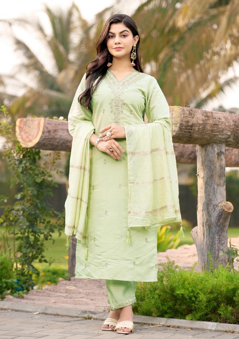 Green Embroidery Cotton Kurta Set - Indya