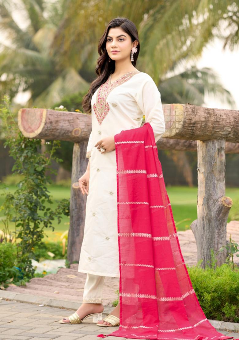 White Embroidery Cotton Kurta Set - Indya