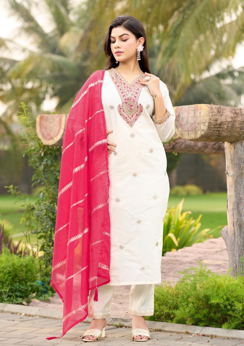 White Embroidery Cotton Kurta Set - Indya