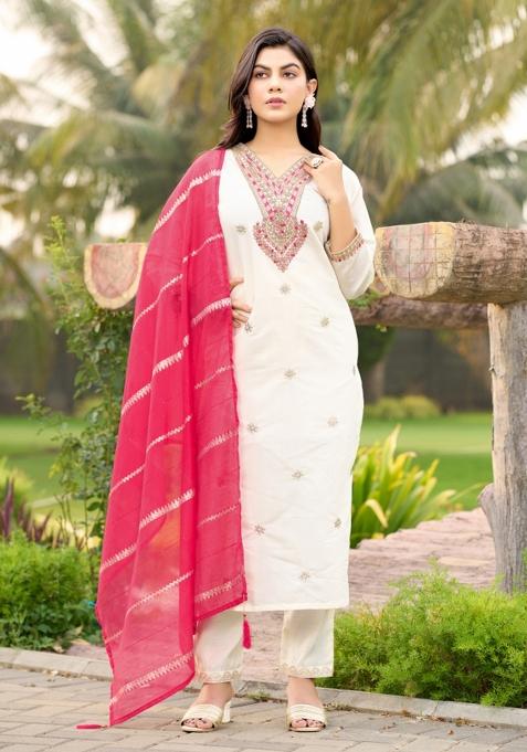 White Embroidery Cotton Kurta Set
