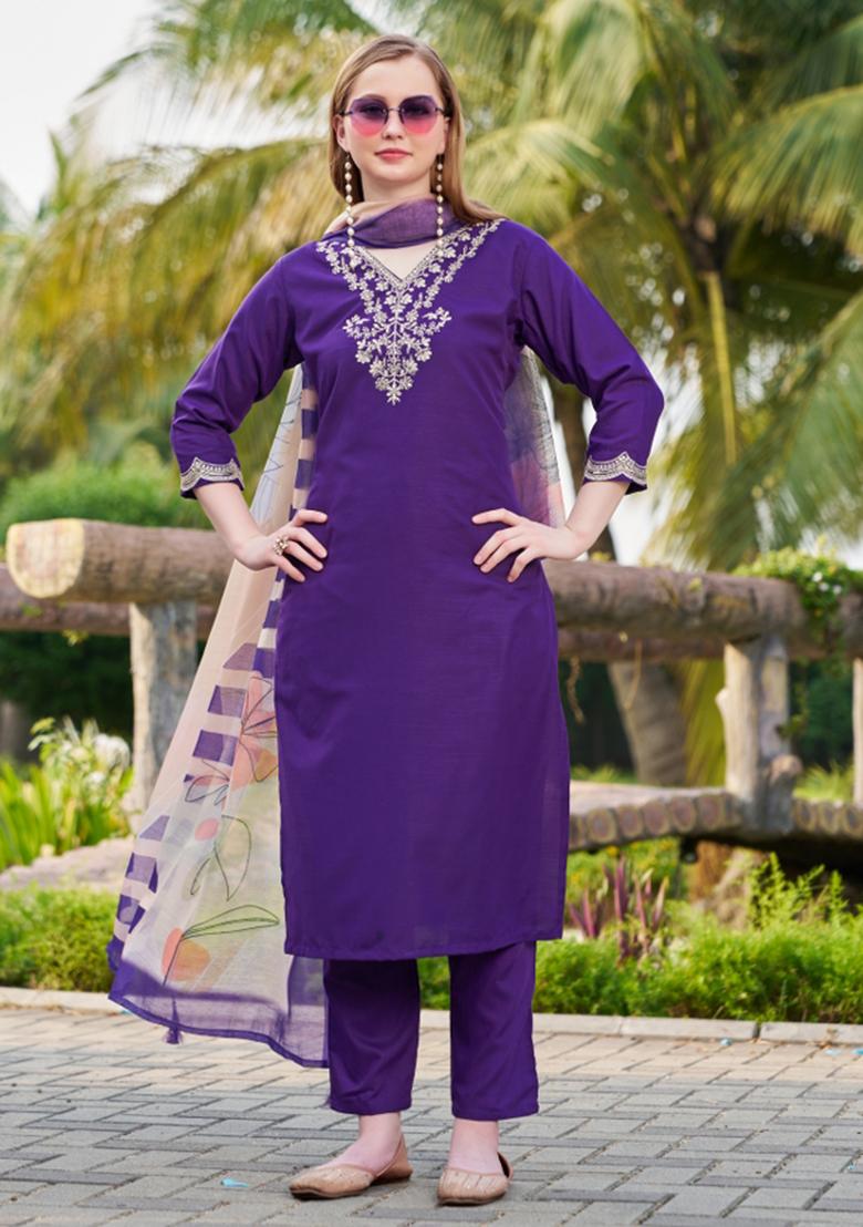 Violet Embroidery Cotton Kurta Set - Indya