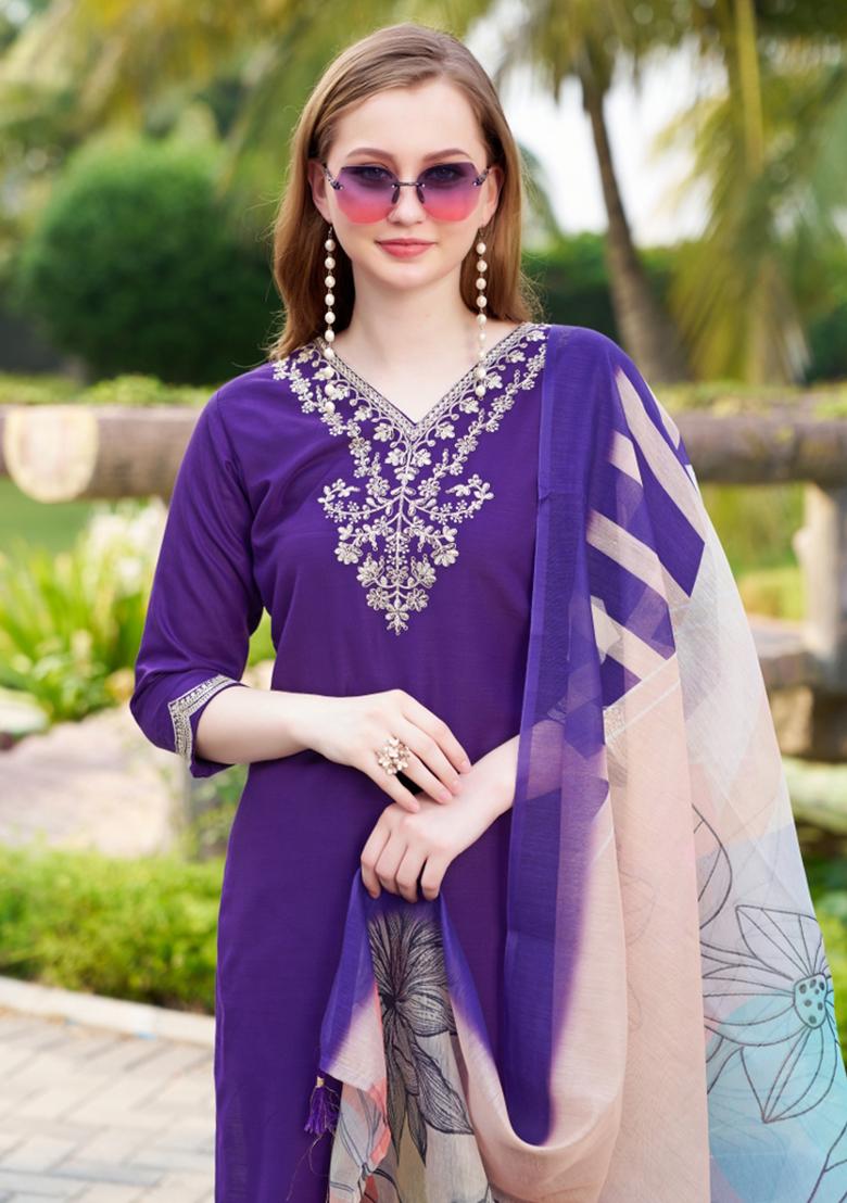 Violet Embroidery Cotton Kurta Set - Indya