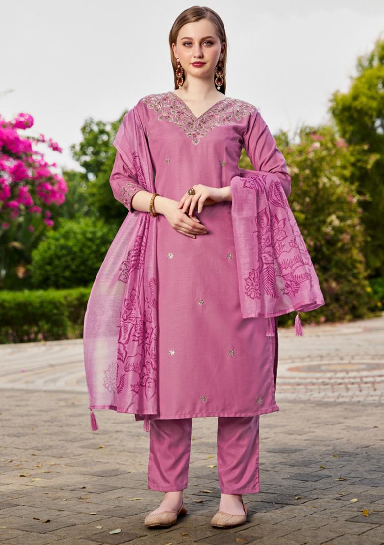 Lavender Embroidery Cotton Kurta Set - Indya