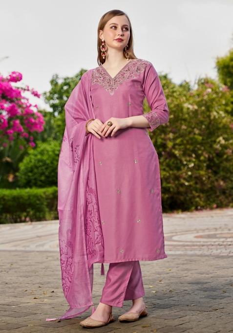 Lavender Embroidery Cotton Kurta Set