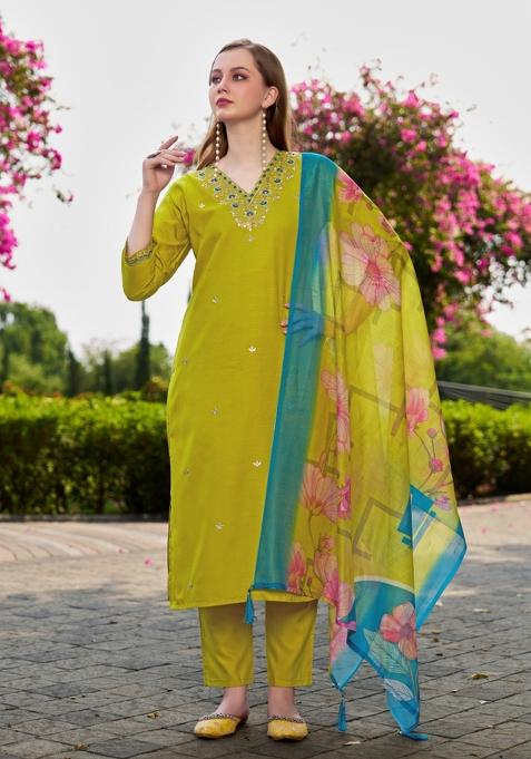 Green Embroidery Cotton Kurta Set