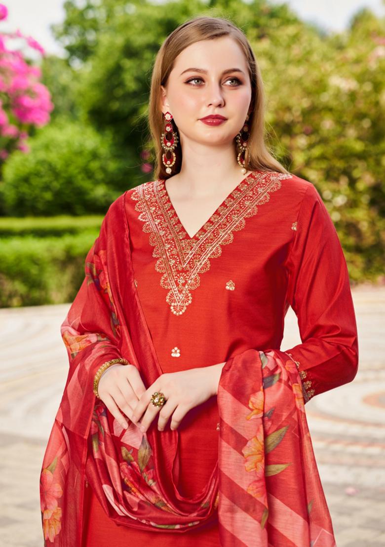 Orange Embroidery Cotton Kurta Set - Indya