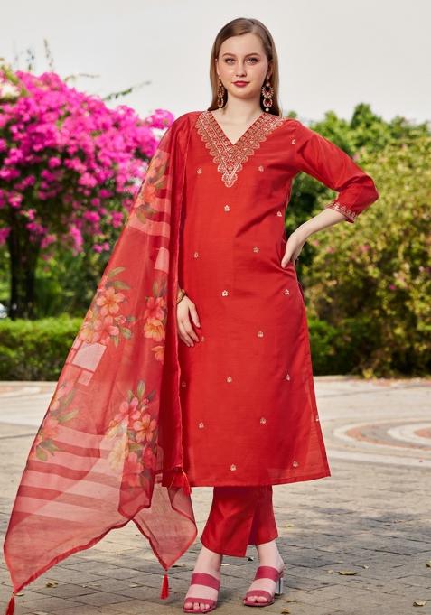 Orange Embroidery Cotton Kurta Set