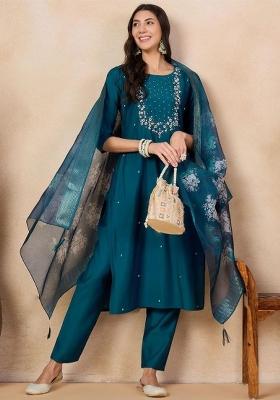 Aqua Blue Embroidery Rayon Kurta Set