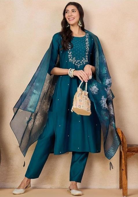 Aqua Blue Embroidery Rayon Kurta Set