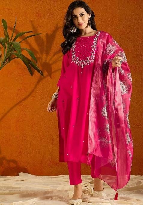 Rani Pink Embroidery Rayon Kurta Set
