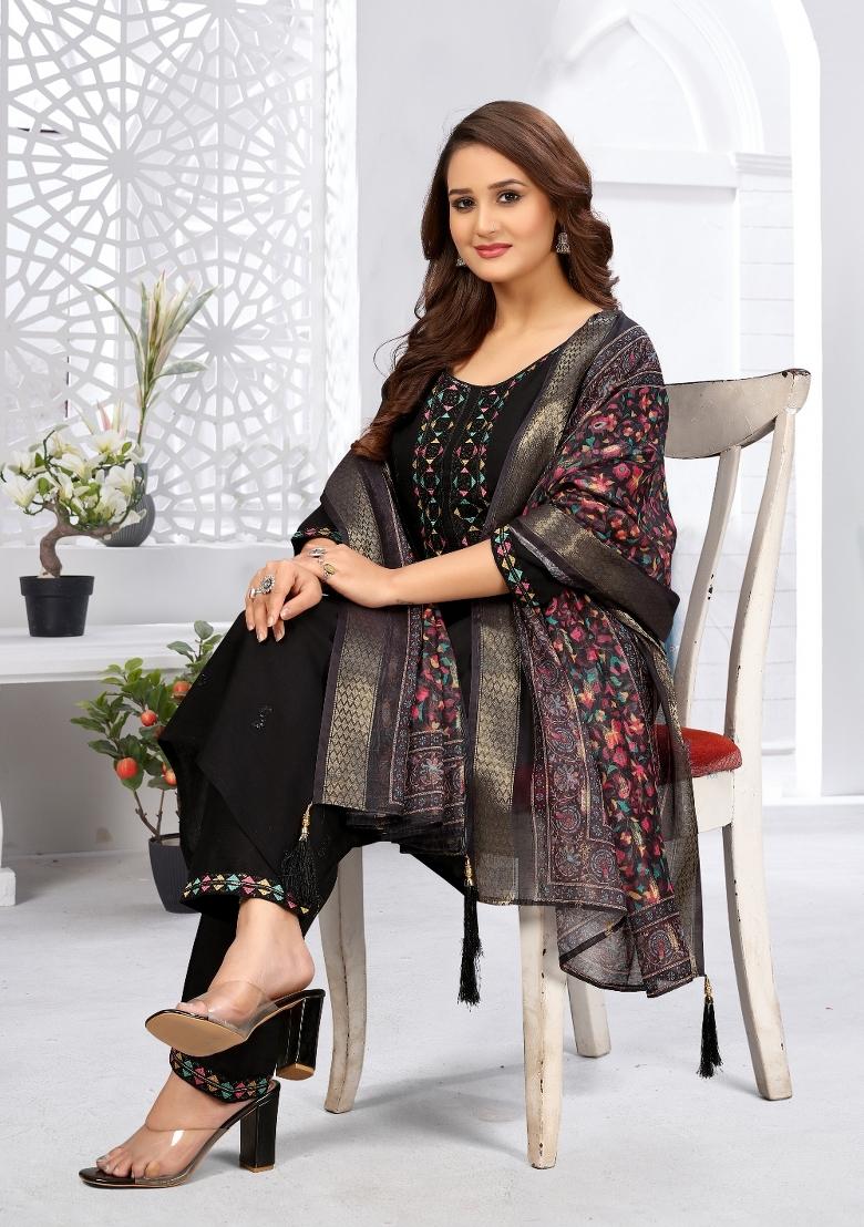 Black Embroidery Rayon Kurta Set - Indya