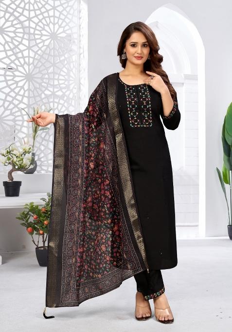 Black Embroidery Rayon Kurta Set