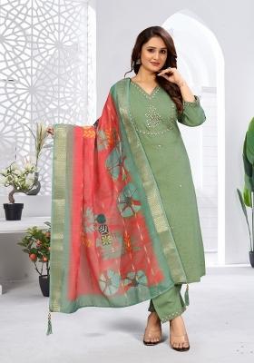Light Parrot Green Embroidery Rayon Kurta Set